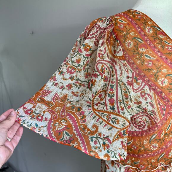 Rose Olive Sheer Paisley V Neck Boho Blouse Size M - Picture 8 of 9